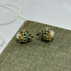 Vintage Green Rhinestone and Pearl Earrings - Screw Backs